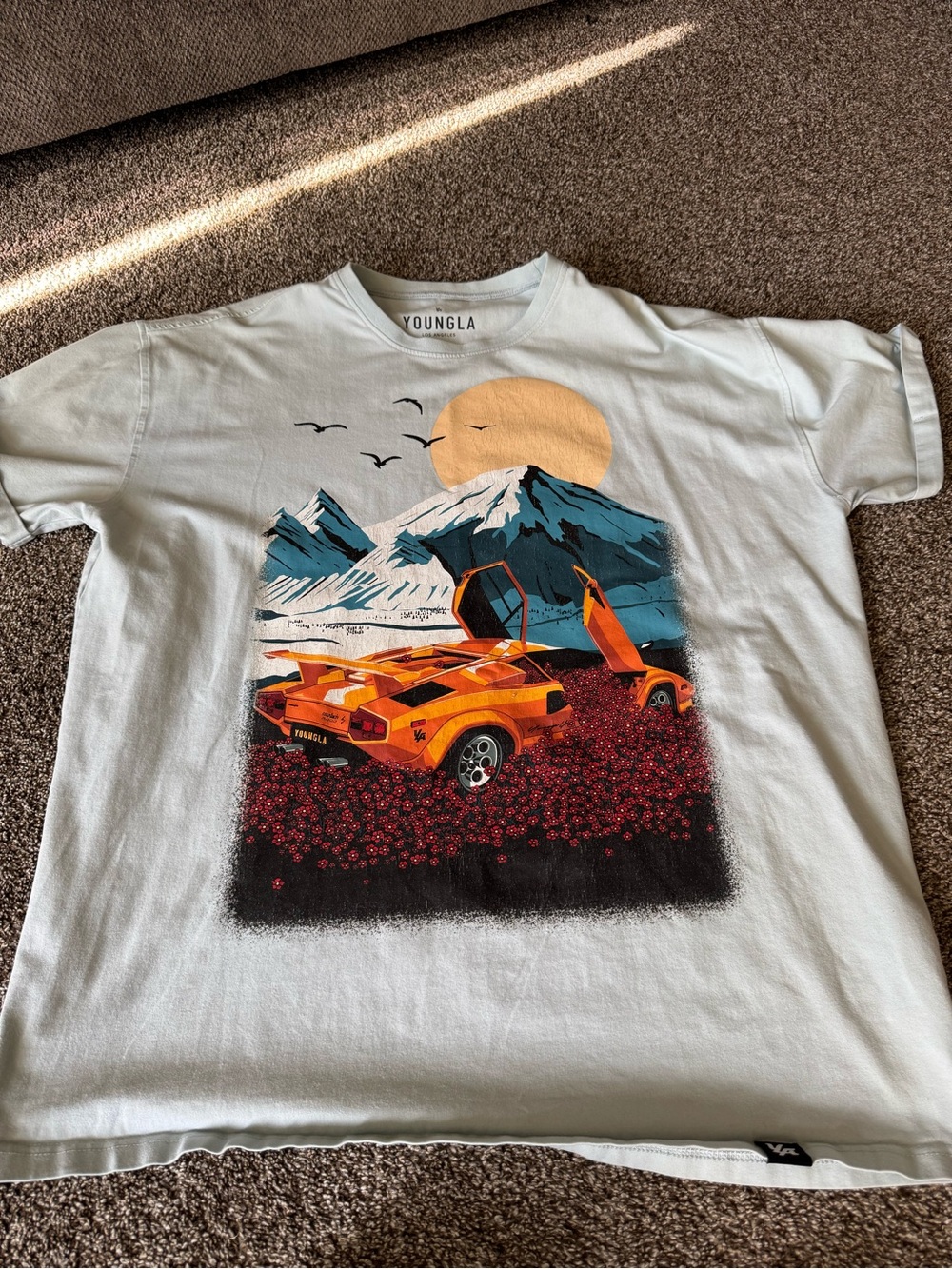 YoungLA Men's light blue Graphic Tee with Orange Sports Car Print